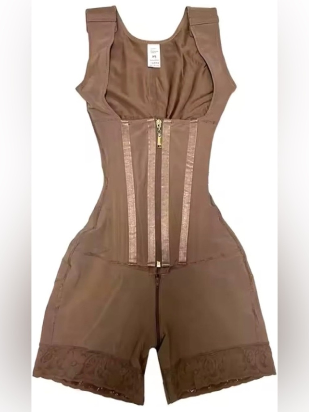 Brown High-Waist Full-Body Shapewear Bodysuit with Front Zipper